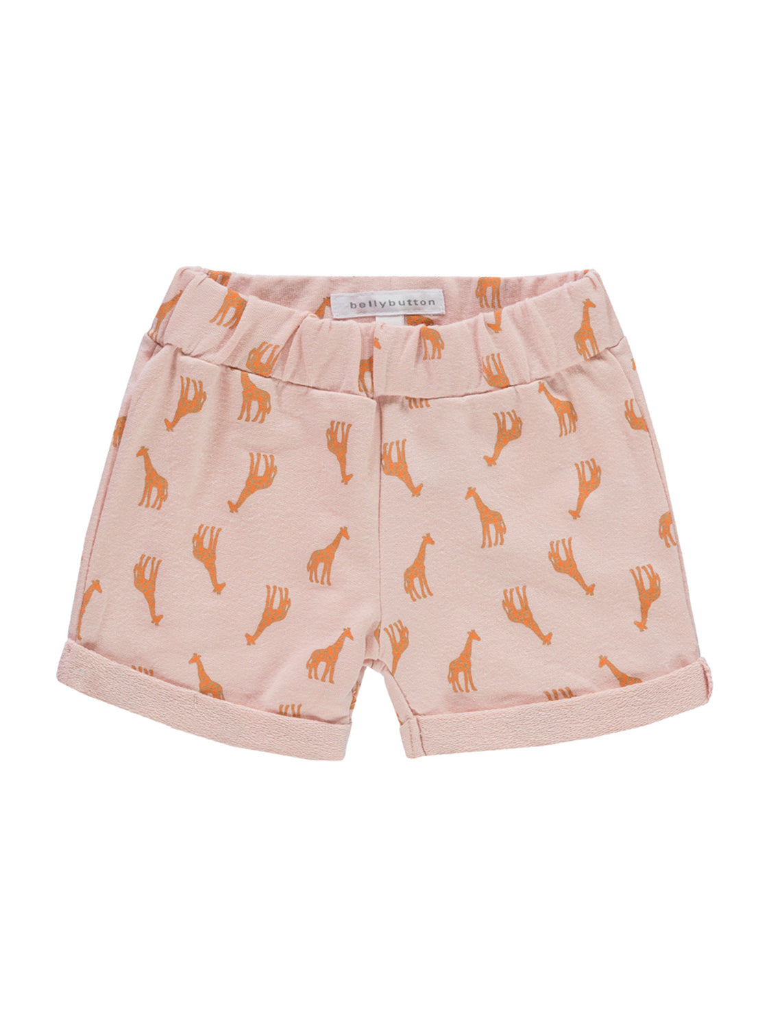 Sweatshorts Rosa für Kinder mit elastischem Bund und kleinen, orangefarbenen Giraffensilhouetten. Sichtbares bellybutton-Label am Bund und umgeschlagene Säume. Ideal für den bequemen Alltagslook.