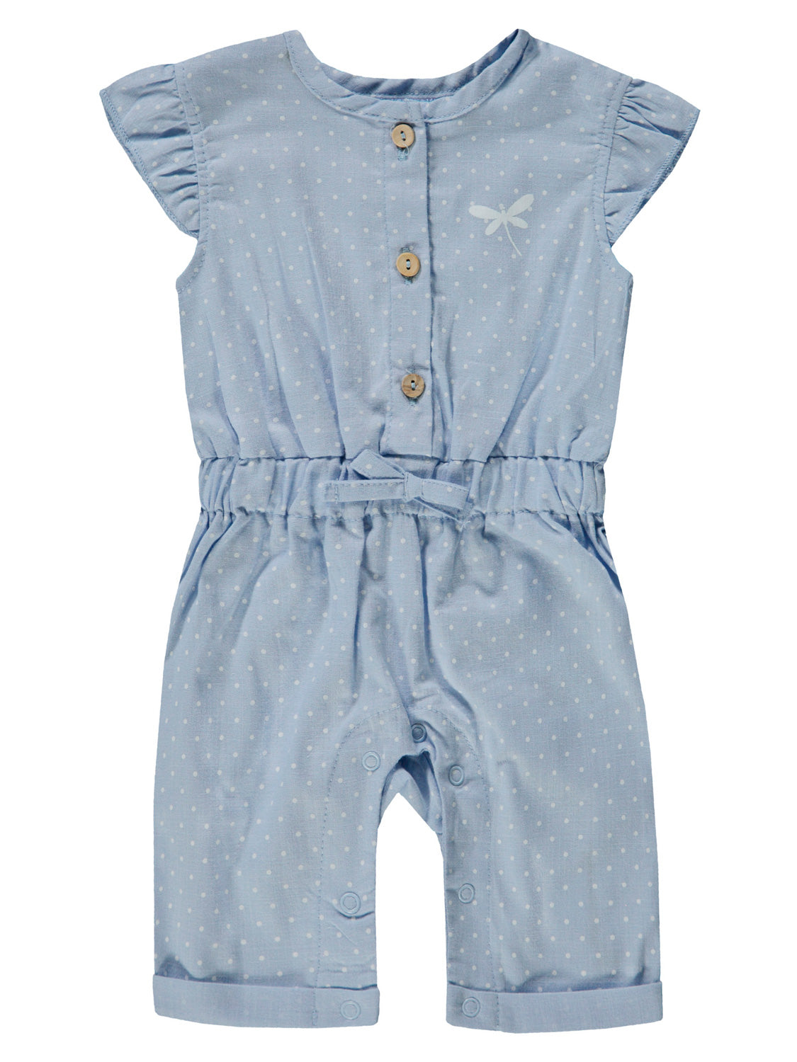 Hellblaues Baby-Romper Overall Hellblau mit weißen Punkten, Holzknöpfen, elastischer Taille mit Schleife, Dragonfly-Motiv und praktischen Druckknöpfen für einfache Wickelwechsel.