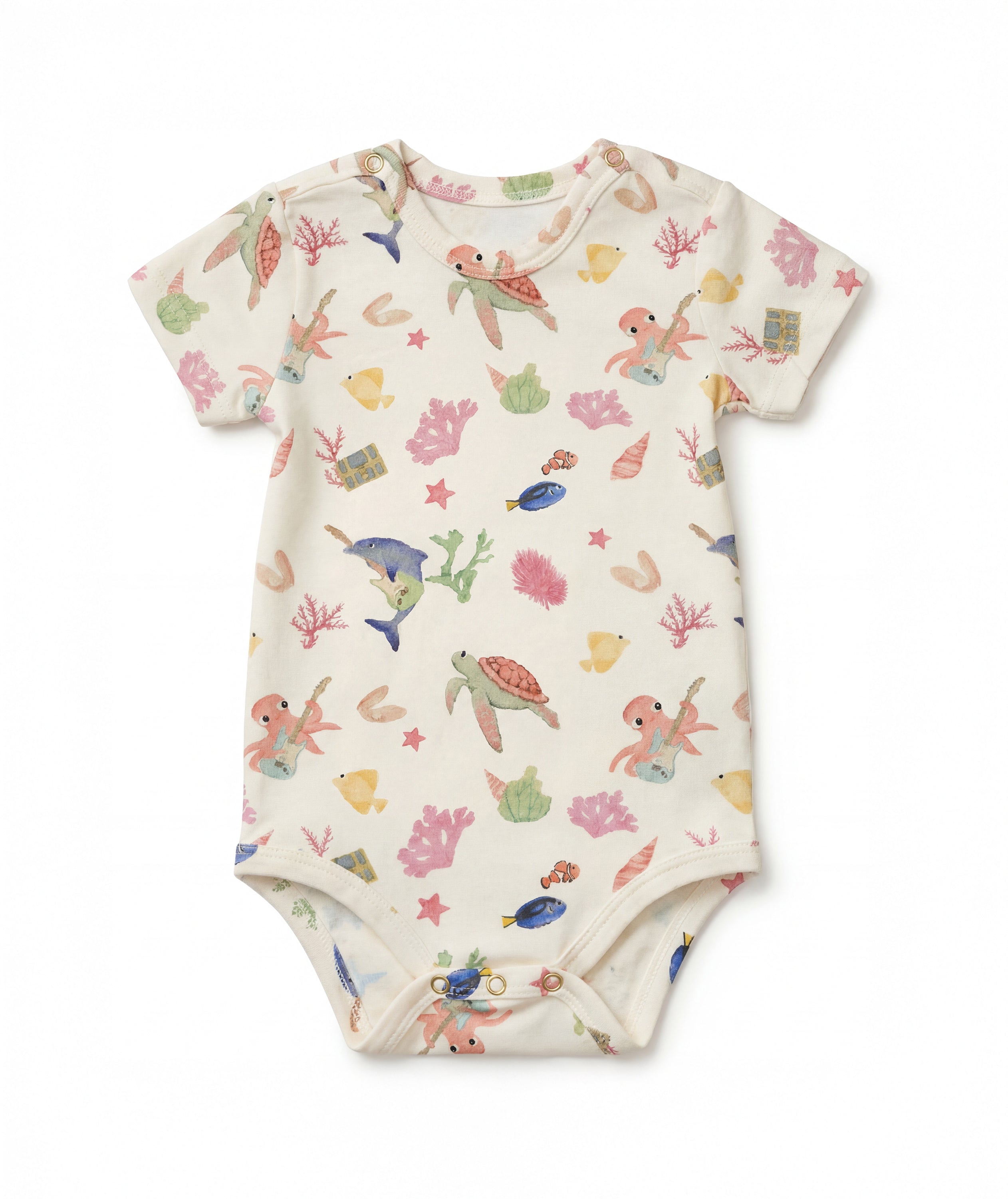 Casa Marisol Ocean baby bodysuit with turtles octopus tropical fish and coral underwater illustrated newborn outfit