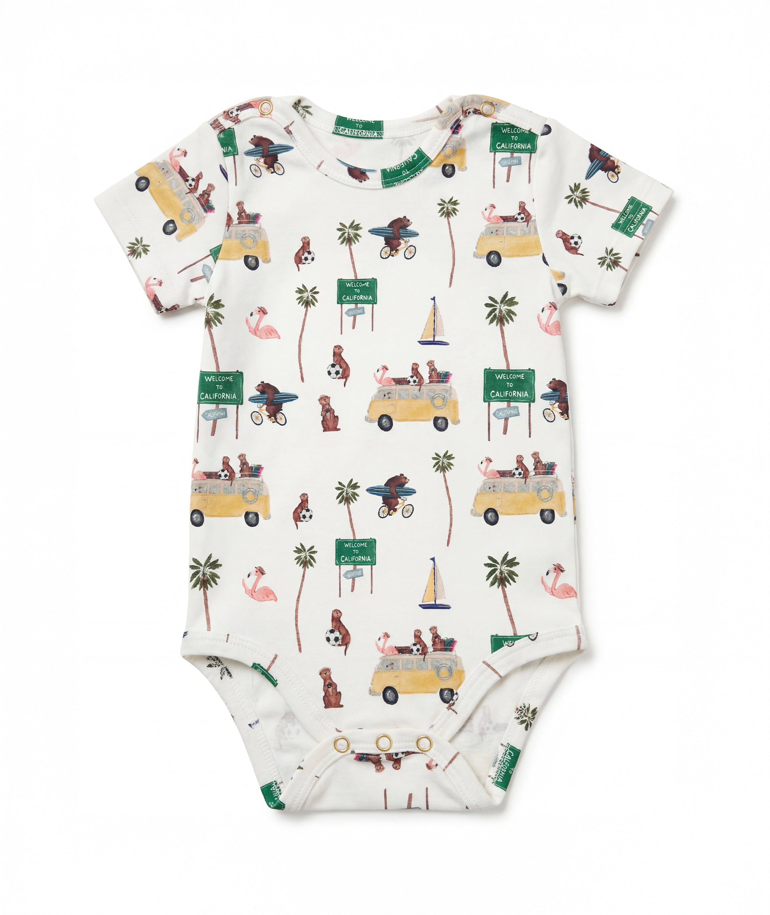 Casa Marisol Road Trip baby bodysuit with California vans palm trees surfboards and flamingo illustrated newborn outfit