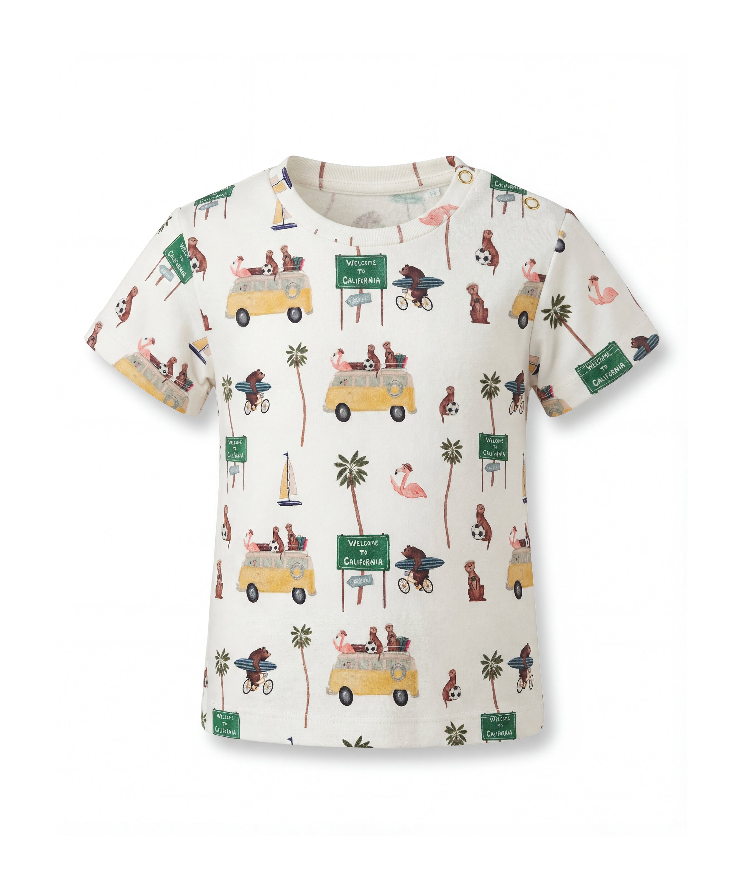 Casa Marisol Road Trip toddler T-shirt with illustrated California vans palm trees sailboats and flamingos kidswear